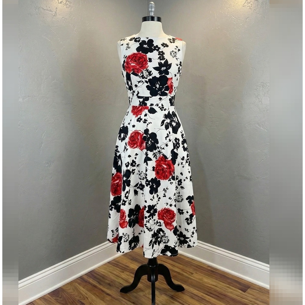 ACEVOG White Floral Sleeveless Dress‎ Medium Brunch Church Special Holiday